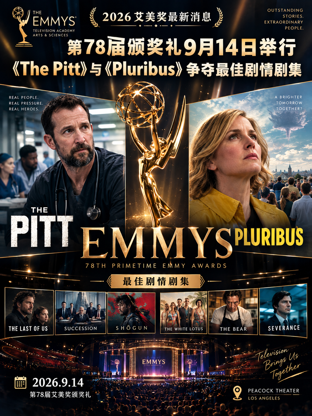2026艾美奖最新消息：第78届颁奖礼9月14日举行，《The Pitt》与《Pluribus》争夺最佳剧情剧集